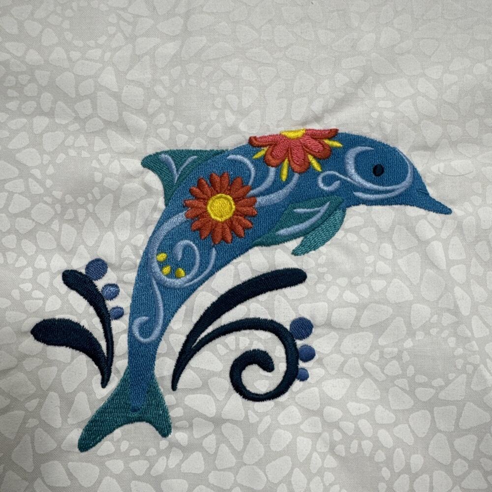 Dolfin Flower machine embroidered design patch appliqué Blue Ocean Colorful